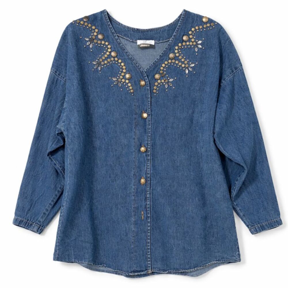VTG Denim Blouse Embellished Studded Western Boho USA Jean Shirt Coastal Cowgirl